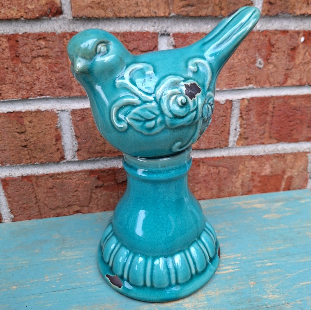 Bird on Pedestal Ceramic Weathered Glaze Bohemian Display Stand Teal Turquoise